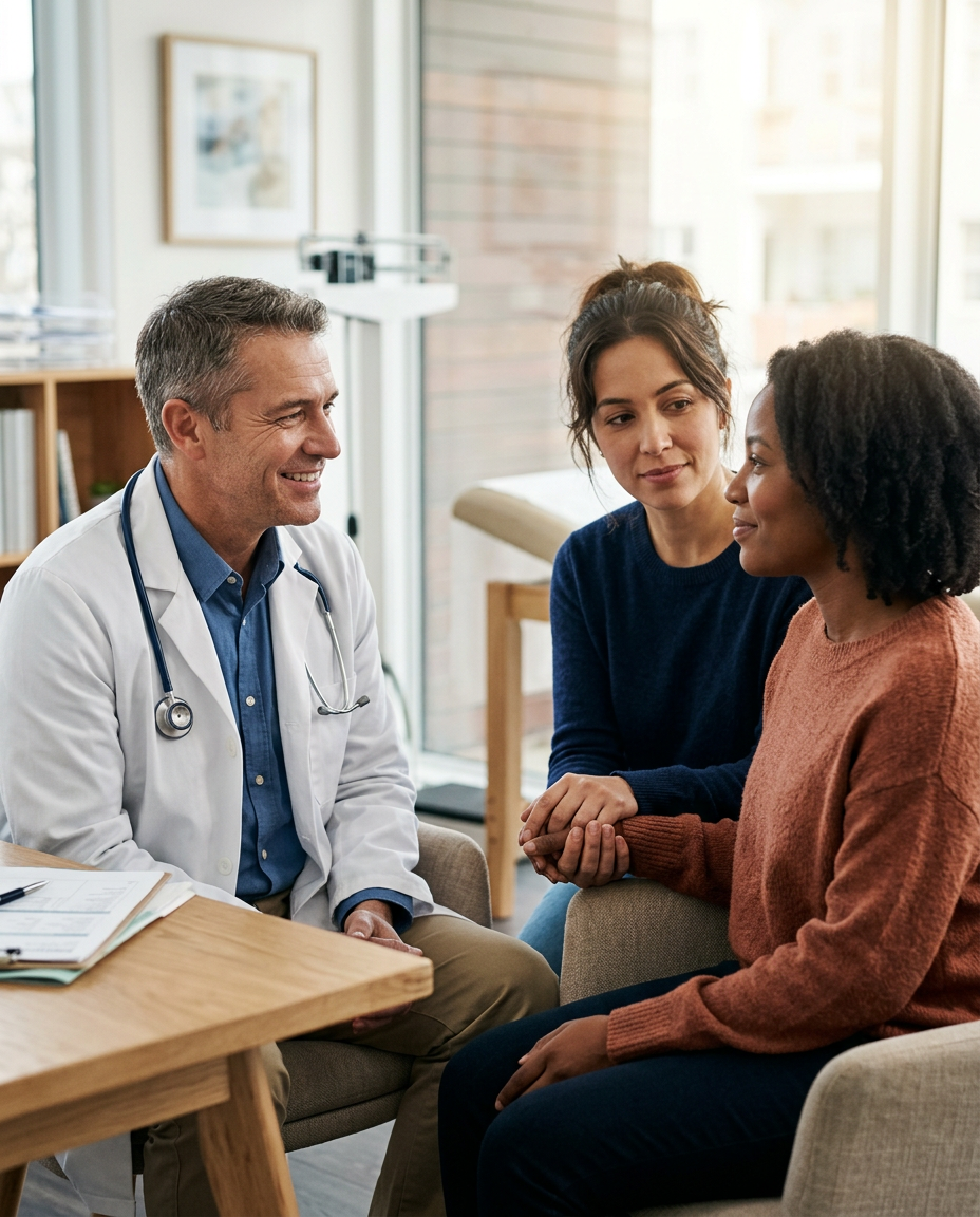 A male oncologist in warm conversation with a patient and her caregiver, who holds the patient's hand in support, in a sunlit clinic