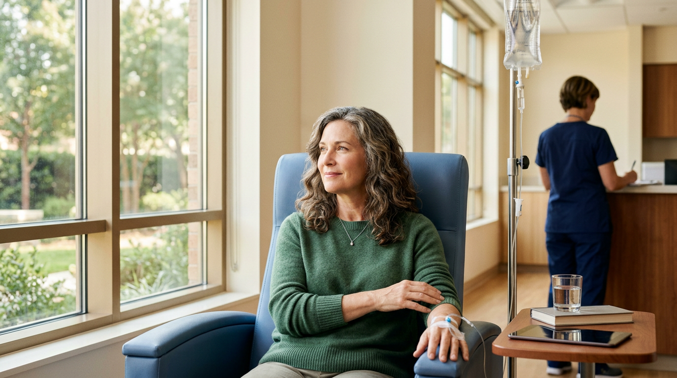 A cancer patient resting in a treatment chair by a sunlit window